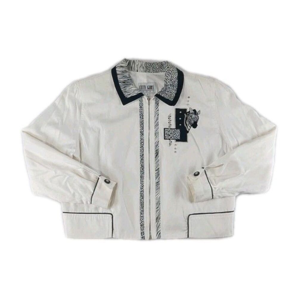 City Girl Sport Jacket Womens Size 14 White Vintage 80s Padded Shoulder Zebra